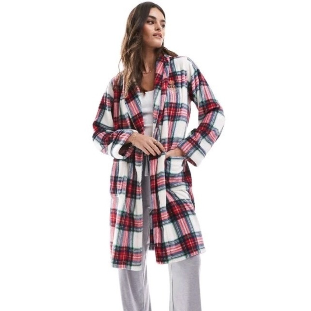 Lauren Ralph Lauren Women's Shawl Collar Robe In Ivory Plaid Size M